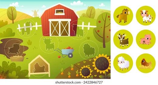 Cartoon board game with farm animals. Cute vector game set with rural landscape and domestic animals.