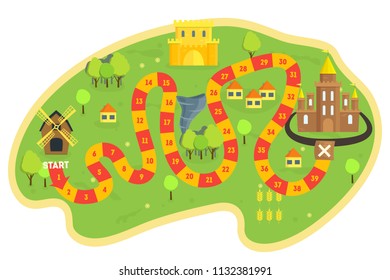 Cartoon Board Game Island Concept Flat Design Style Team Target Road Map on Start to Finish on a White. Vector illustration of Boardgame Challenge