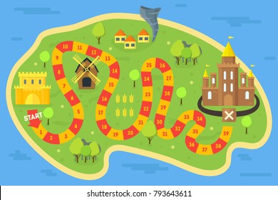 Cartoon Board Game Island Concept Flat Design Style Team Target Road Map on Start to Finish. Vector illustration of Boardgame Challenge