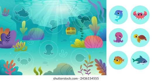 Juego de mesa de dibujos animados con animales marinos. Juego de vector lindo establecido con el suelo del océano y animales submarinos.