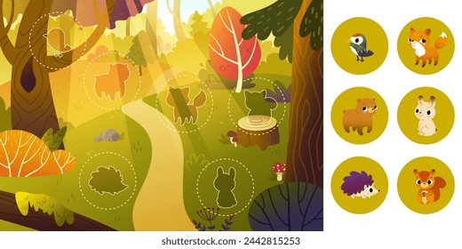 Juego de tablero de dibujos animados con animales de bosque. Juego de vector lindo establecido con el paisaje del bosque y animales.