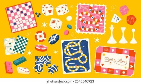 Cartoon board games. Family fun table strategy and competition games with dice and map, various family and party recreation. Vector isolated set.