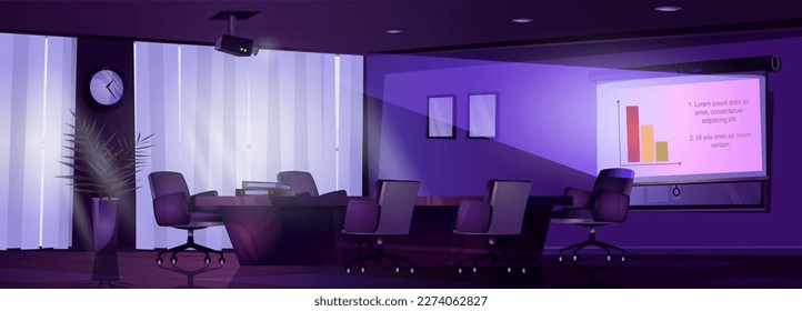 Cartoon boardroom interior design at night. Vector illustration of dark company office with furniture for corporate meeting, presentation diagram projected on whiteboard. Wooden table with chairs