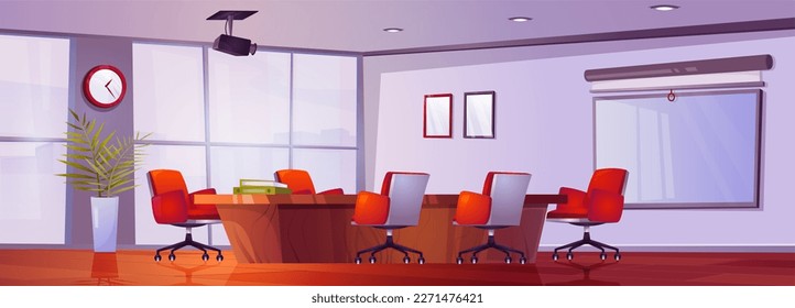 Diseño interior de la sala de caricaturas. Ilustración vectorial de la oficina de la empresa con mobiliario para reuniones o presentaciones corporativas. Mesa de madera con sillas, pizarra en la pared, proyector en el techo