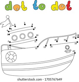 Cartoon boat. Dot to dot educational game for kids