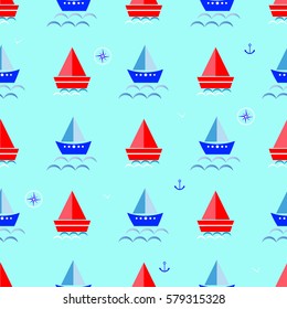 cartoon boat, sailboat blue background seamless pattern vector illustration
