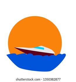 cartoon boat sailing on blue sea waves on the background of the setting orange sun. concept of travel and vacations