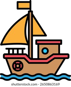 Cartoon Boat Sailing on Water Illustration