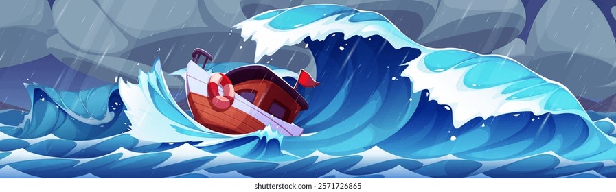 Cartoon boat in stormy sea - wooden vessel floating on massive blue waves with white foam caps under rainy sky. Dramatic maritime scene with wood fisher ship in turbulent ocean waters on thunderstorm.