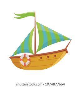 Cartoon boat with striped sail, flag and lifebuoy. Cute kids toy sailing vessel, marine sailboat for children. Flat cartoon vector illustration isolated on a white background.