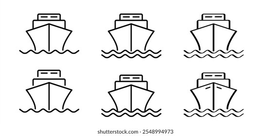 Cartoon boats line pattern. ship, boat, ferry or ferryboat outline logo. Fishing boat sign. Water transport concept. Maritime motorboat, sea or ocean ships. Water wave. 