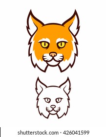 Cartoon bobcat head icon. Comic style big cat face, color and line illustration.
