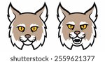 Cartoon bobcat head set. Traditional comic style lynx, roaring and calm, sports mascot. Isolated vector illustration.