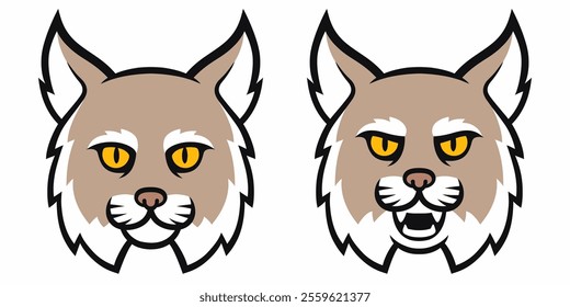 Cartoon bobcat head set. Traditional comic style lynx, roaring and calm, sports mascot. Isolated vector illustration.