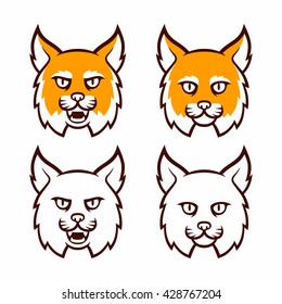 Cartoon bobcat head set. Traditional comic style lynx, roaring and calm, in color and line art. Isolated vector illustration.
