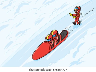 Cartoon bobsleigh team. They have lost a member who is running after them