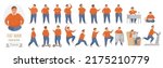 Cartoon body positive male character showing different postures action poses in front, side or back view isolated. Fat man poses vector illustration set.