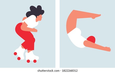 Sportswoman set banners vector. Niña, nadadora, buceadora. Gente moderna de dibujos animados planos. Diseño escandinavo. Cifras aisladas. Concepto de estilo de vida saludable. Gente divertida. Ánimo de verano.