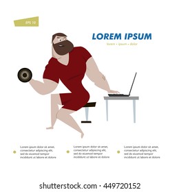 Cartoon bodybuilder man character with laptop vector illustration. Online fitness training concept poster. Can be use for infographic design element.