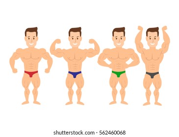 cartoon bodybuilder muscle man in various poses on white background