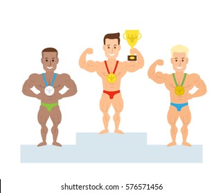 cartoon bodybuilders standing on the podium with medals and trophy cup