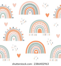 Cartoon bohemian nursery rainbow pattern. Boho vector print for wall decor. Seamless pattern with cartoon rainbow. Vector illustration.