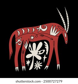 Cartoon boho celestial folk antelope hand drawn doodle vector illustration. Friendly cute oryx or gazelle african character. Ornate animal with floral botanical elements and flowers isolated on black