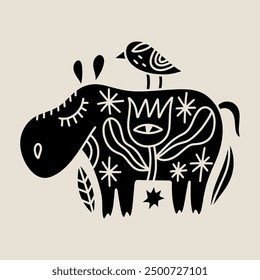 Cartoon boho hippopotamus and bird in Scandinavian style hand drawn celestial folk doodle vector illustration. Friendly cute african hippo character. Ornate animal with floral botanical elements and