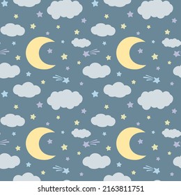 Cartoon boho pastel moon and stars seamless pattern on dark background. Design for baby bedroom, textile, wallpaper, fabric.