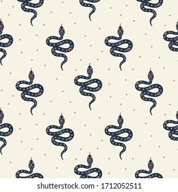 Cartoon boho snakes vector seamless pattern. Handdrawn style mystic bohemian snake background.
