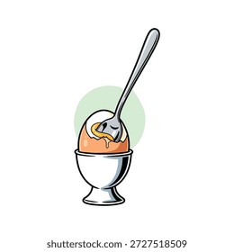 Cartoon gekochtes Ei in Eierbecher mit Löffel und Gesicht