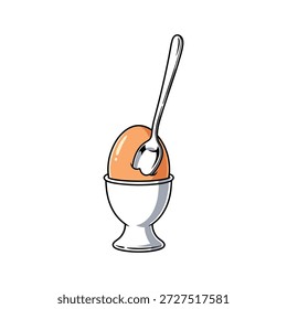 Cartoon boiled egg in eggcup with spoon on pastel background