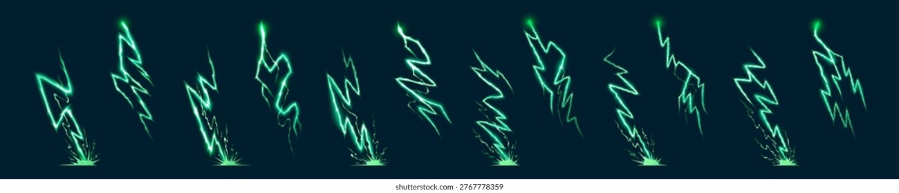 Cartoon bolt effect with lightning energy vector design. Thunderbolt light for dynamic manga background with comic lines and power icons. Electric strike flash and thunderstorm spark, shock elements.