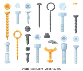 Cartoon bolts screws. Construction fasteners set, hook anchor steel nail nut round rivet metal screw silver bolt washer repair fix work stainless tools, neat vector illustration original artwork