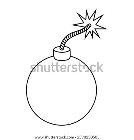 Cartoon bomb with burning fuse vector illustration. Explosive danger symbol in doodle style. Black line art isolated on white background.