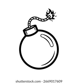 Eine Zeichentrickbombe mit einem brennenden Docht, einzeln auf weißem Hintergrund. Dieses klassische Symbol der Gefahr und Zerstörung ist perfekt, um Ihren Designs einen Retro-Touch hinzuzufügen.