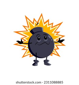 Caricatura de bomba, personaje de arma explosiva con ráfaga, mecha o mecha que enciende caos, peligro y suspenso con su poderosa expresión facial y pose. Explosión de vector aislado hace un gran boom