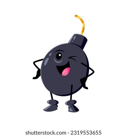 Caricatura de bomba, personaje de arma explosiva con guiños de mecha o mecha con travesura, exudando una personalidad juguetona e insinuando potenciales sorpresas explosivas. Sonrisa aislada de vector de bomba descarada