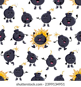 Personajes de la bomba de caricatura. Patrón de personajes explosivos de bombas negras divertidas o granadas con mechas. Vector de fondo transparente de cómic boom emojis con caras alegres, lindas, tristes y confusas