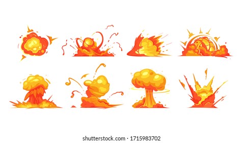 Cartoon bomb dynamite explosions. Danger explosive bomb detonation and atomic bombs cloud. Explosion isolated icons, game animation vector set. Comics boom effects with smoke, flame and particles.