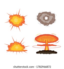 Explosión de bomba de caricatura. 
Efecto de animación de explosión. Explosiones dinámicas, detonación peligrosa de bomba explosiva y cómics de nubes de bombas atómicas. 