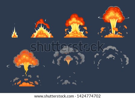 Cartoon bomb explosion animation. Exploding animated frames, atomic explode effect and explosions smoke. Dynamite bomb, firing blast shots game animation or gaming exploded vector illustration set