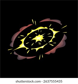 Cartoon bomb explosion with circular smoke effect, sparks and net flashes. Abstract explosive energy effect. Game interface. Vector illustration. Flat style. Isolated black background.