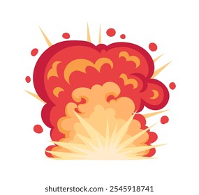 Nube de explosión de bomba de dibujos animados. Peligro de incendio quemando nubes de humo, detonación de dinamita con fuego y Ilustración vectorial plana de humo. Nube de detonación de bombas