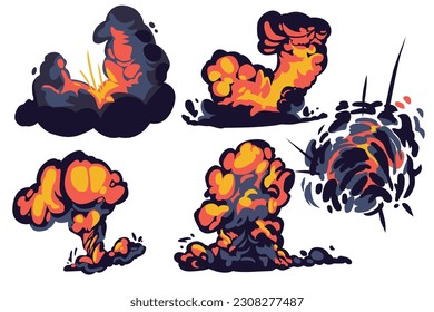 Cartoon bomb explosion. Dynamite explosions, danger explosive bomb detonation. Bomb dynamites detonators mobile game animation. Isolated vector illustration icons set