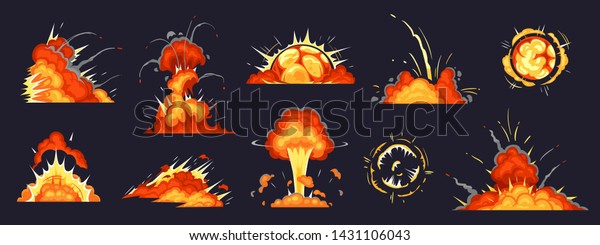 Cartoon bomb explosion. Dynamite explosions, danger
explosive bomb detonation and atomic bombs cloud comics. Bomb
dynamites detonators mobile game animation. Isolated vector
illustration icons set