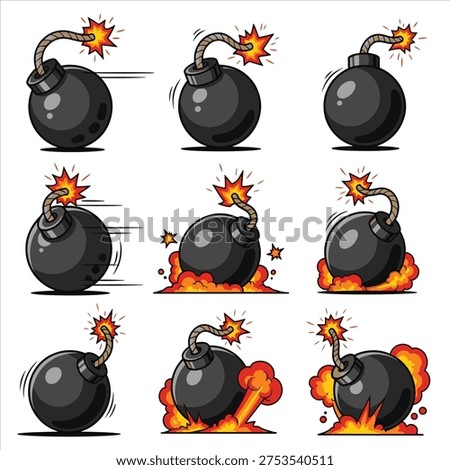 Cartoon Bomb Explosion Icons: Burning Fuse Comic Blast Set