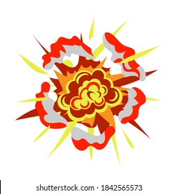 Explosión de bomba de caricatura. Impacto luminoso, explosión de bomba o fragmento de explosión nuclear aislado en fondo blanco. Ilustración de vectores y nube de smog
