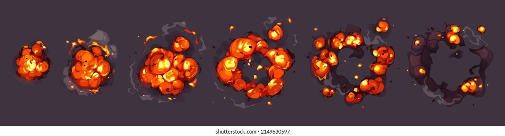 Cartoon Bomb Explosion Storyboard. Clouds, Boom And Smoke Animation Frame For Mobile Game. Dynamite Danger Explosive Detonation, Atomic Comics Fire Motion Isolated Vector Explode Sprite Sheet Set