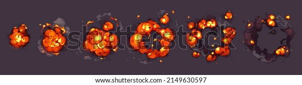 Cartoon bomb explosion storyboard. Clouds, boom and\
smoke animation frame for mobile game. Dynamite danger explosive\
detonation, atomic comics fire motion isolated vector explode\
sprite sheet set
